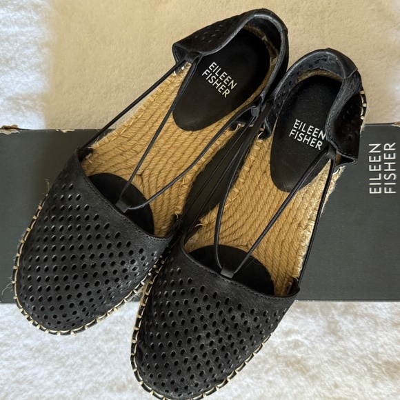 Eileen Fisher espadrille nubuck leather sandals, black, size 8 - Picture 12 of 13